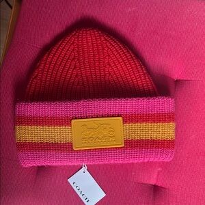 Coach Red and Pink Knit Beanie Hat NWT